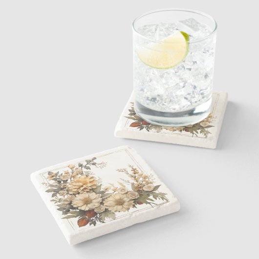 Timeless Botanical Neutral Floral Steinuntersetzer (Seitenansicht)