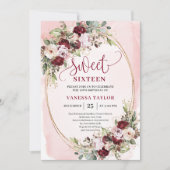 Timeless Burgundy Blush Floral Sweet 16 Invite Einladung (Vorderseite)