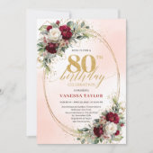 Timeless Burgundy Boho Floral 80th Birthday Invite Einladung (Vorderseite)