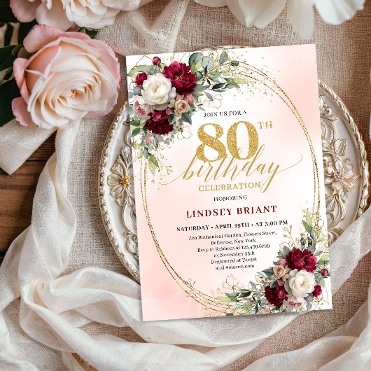 Timeless Burgundy Boho Floral 80th Birthday Invite Einladung