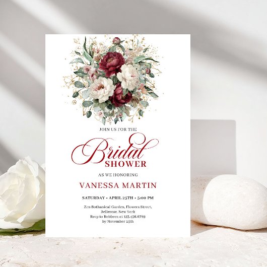 Timeless Burgundy Flowers Bridal Shower Invitation Einladung
