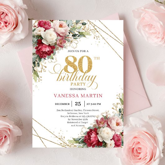 Timeless Burgundy Red Gold 80th Birthday Invite Einladung