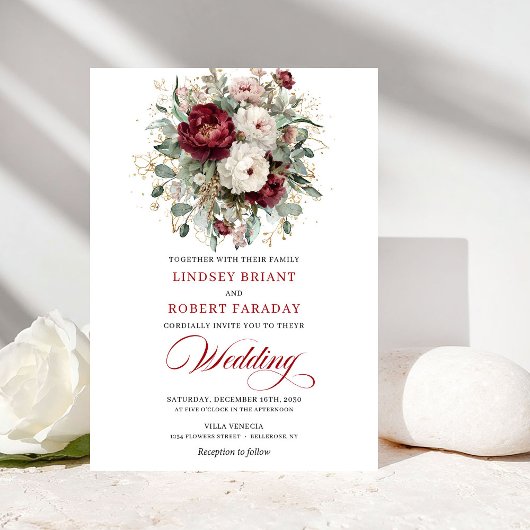 Timeless Burgundy White Floral Gold Wedding Invite Einladung