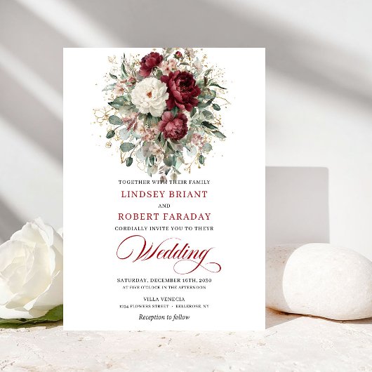 Timeless Burgundy White Floral Gold Wedding Invite Einladung