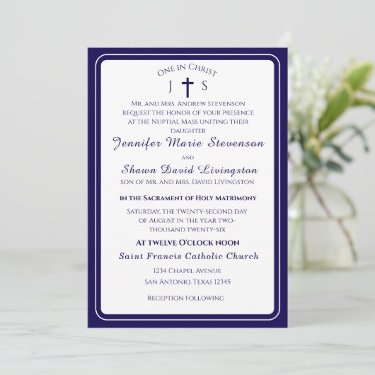 Timeless Catholic Monogrammed Wedding Invitation Einladung (Stehend Vorderseite)
