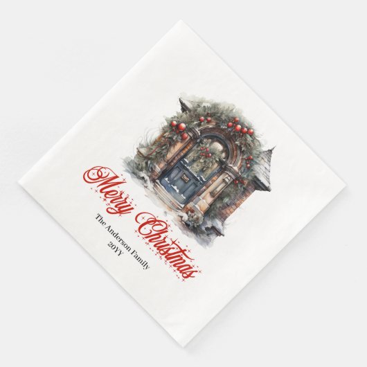 Timeless Christmas scene napkin red green artwork Serviette (Ecke)