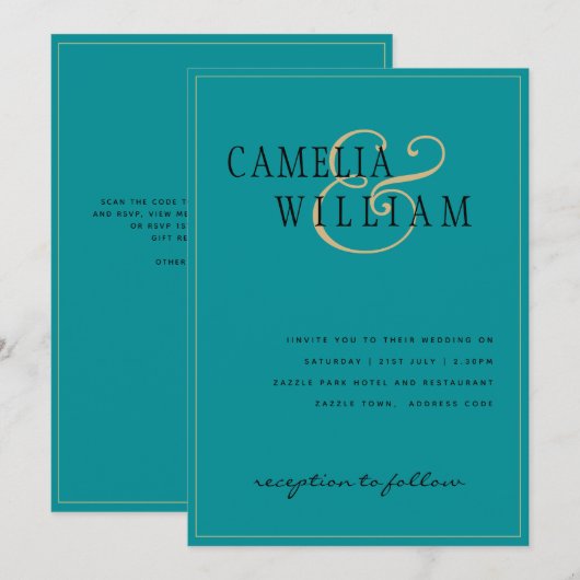 Timeless Classic Turquoise Seaglass Gold Wedding Einladung (Vorne/Hinten)