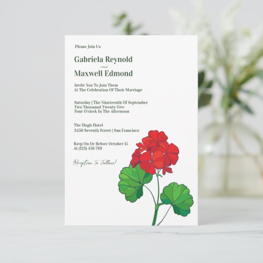 Timeless Customizable Geranium Floral Wedding Einladung (Stehend Vorderseite)
