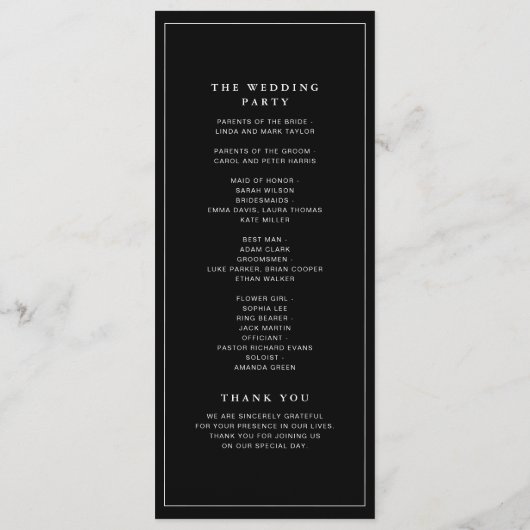 Timeless Dark Black Modern Minimalist Wedding Programm (Rückseite)
