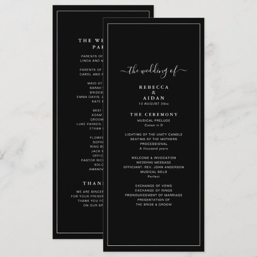 Timeless Dark Black Modern Minimalist Wedding Programm (Vorne/Hinten)
