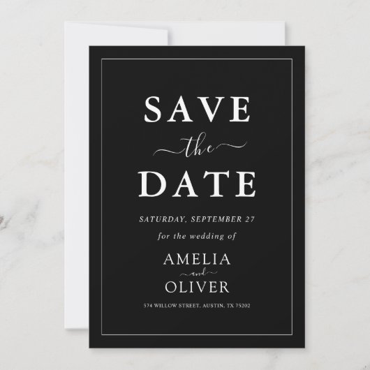Timeless Dark Black Modern Minimalist Wedding Save The Date (Vorderseite)