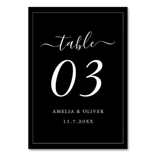 Timeless Dark Black Modern Minimalist Wedding  Tischnummer (Vorderseite)