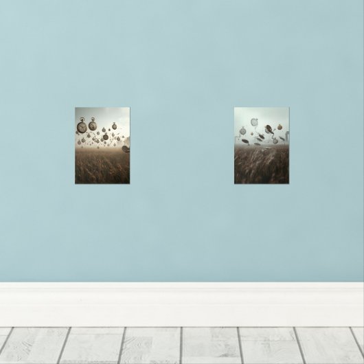 Timeless Drift – Surreal Pocket Watch Art Print Bilderwand Sets (Holzboden)
