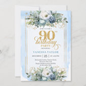 Timeless dusty blue and gold 90th birthday invites einladung (Vorderseite)