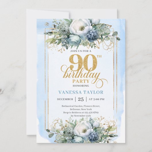 Timeless dusty blue and gold 90th birthday invites einladung (Vorderseite)