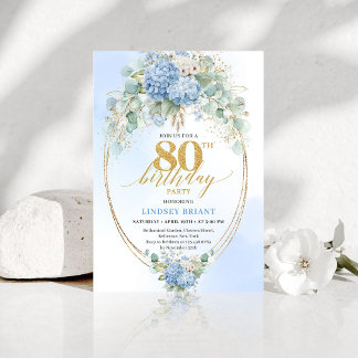 Timeless Dusty Blue Floral 80th Birthday Invite Einladung