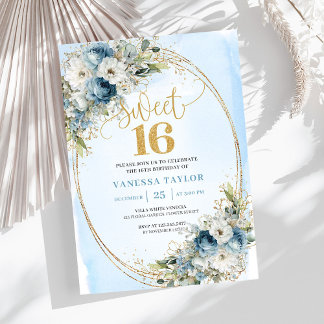 Timeless Dusty Blue Floral Sweet 16th Birthday Einladung
