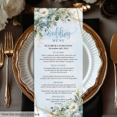 Timeless Dusty Blue Floral White Gold Wedding Menu Menükarte