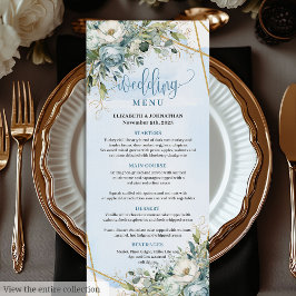 Timeless Dusty Blue Floral White Gold Wedding Menu Menükarte
