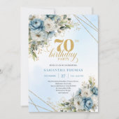 Timeless dusty blue florals gold frame 70 birthday einladung (Vorderseite)