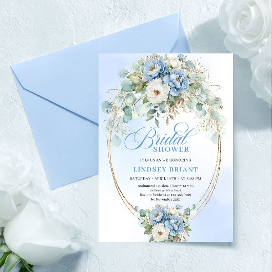 Timeless Dusty Blue Flowers Greenery Bridal Shower Einladung