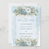 Timeless Dusty Blue White Gold Floral Rett Date Einladung (Vorderseite)