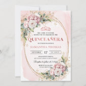 Timeless Dusty Pink Floral Greenery Quinceañera Einladung (Vorderseite)