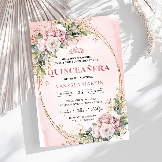 Timeless Dusty Pink Floral Greenery Quinceañera Einladung