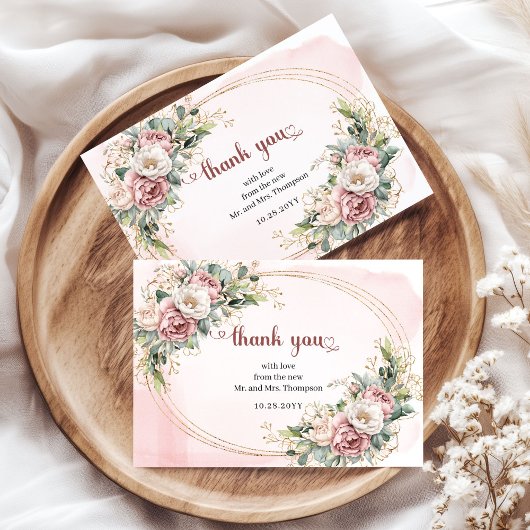 Timeless Dusty Pink Floral Greenery Wedding Thank Dankeskarte