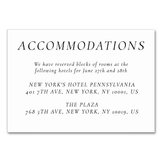 Timeless Elegant White Wedding Accommodation Cards Tischnummer (Vorderseite)