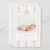 Timeless Floral Bow Photo Birth Announcement Ankündigung (Vorderseite)