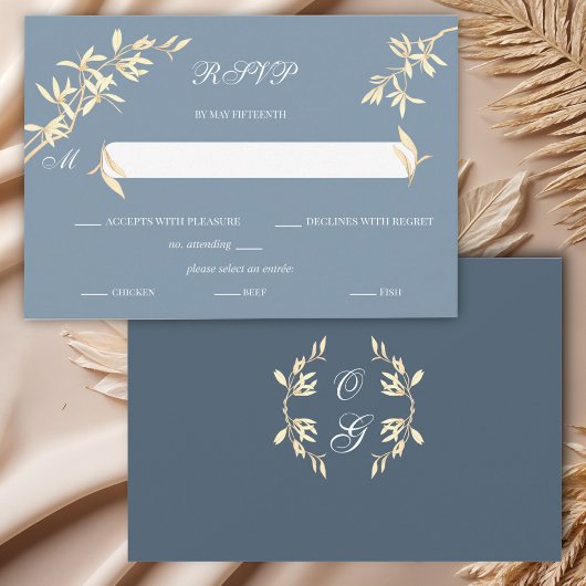 Timeless Floral Symphony in Blue Wedding RSVP Karte
