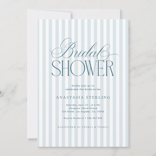 Timeless Luxe Script Blue Stripes Bridal Shower Einladung (Vorderseite)