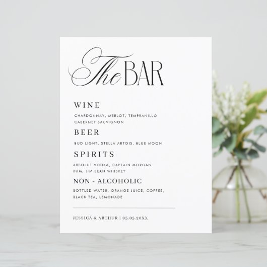 Timeless Luxe Script Classy Wedding Bar Drink Menu (Stehend Vorderseite)