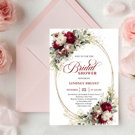 Timeless Maroon Floral Gold Bridal Shower Invite Einladung