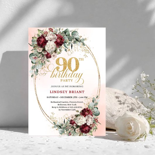 Timeless Maroon Peonies Eucalyptus 90th Birthday Einladung