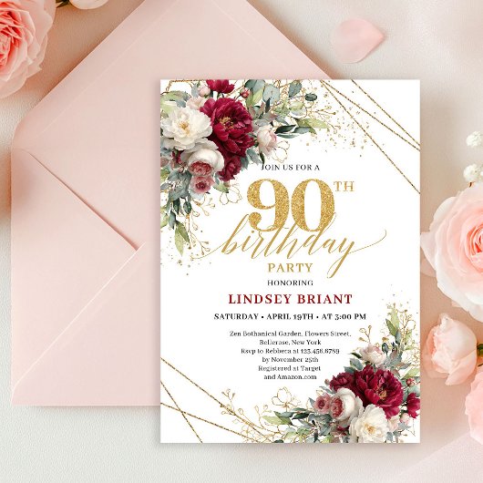 Timeless Marsala Floral Gold 90th Birthday Invite Einladung