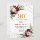 Timeless Merlot Floral Gold 90th Birthday Invite Einladung (Vorderseite)