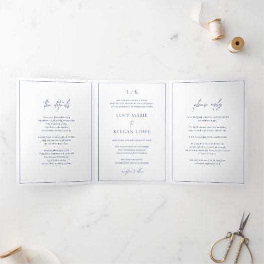 Timeless Monogram Navy Blue Elegant Wedding Dreifach Gefaltete Einladung (Innenseite)
