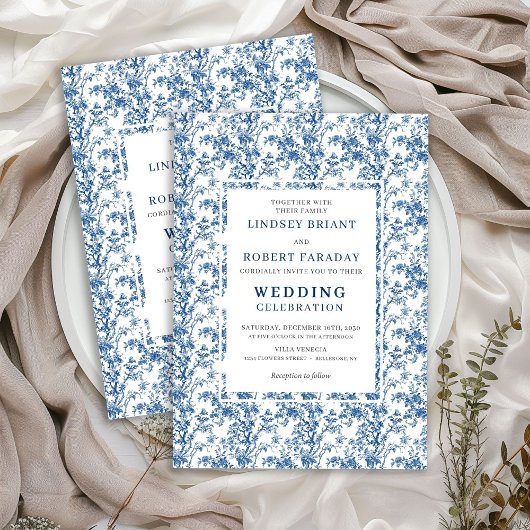 Timeless Navy Blue Toile Wedding Invitation Einladung
