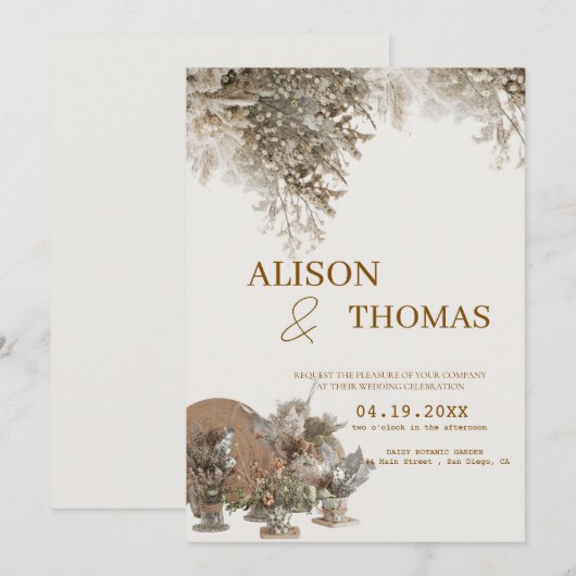 Timeless Neutral Botanical Wedding Invite Einladung (Vorne/Hinten)