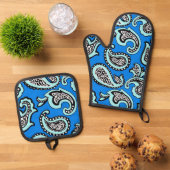 Timeless Paisley on Blue Background Ofenhandschuh & Topflappen-Set (Oben Unten)