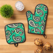 Timeless Paisley on Green Background Ofenhandschuh & Topflappen-Set (Oben Unten)