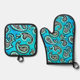 Timeless Paisley on Teal Background Ofenhandschuh & Topflappen-Set