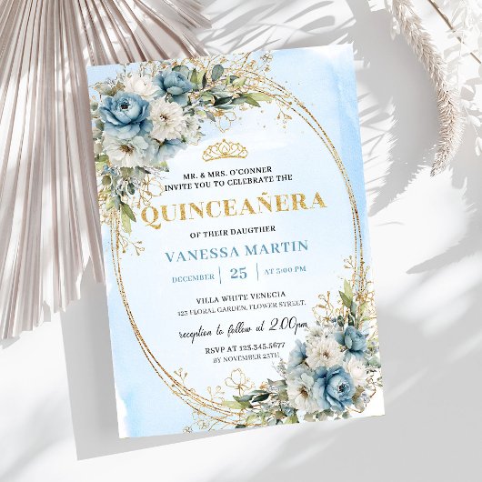 Timeless Pastel Blue Gold Eucalyptus Quince Invite Einladung