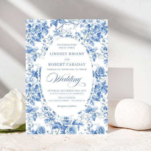 Timeless Royal Blue Toile de Jouy Wedding Invite Einladung