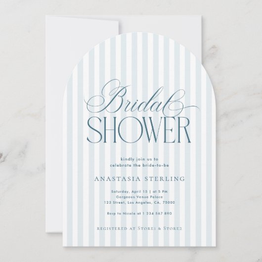 Timeless Script Blue Stripes Arched Bridal Shower Einladung (Vorderseite)