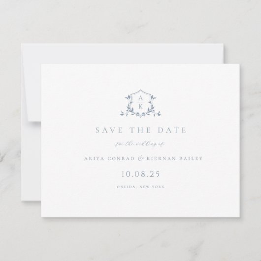 Timeless Vines Dusty Blue Crest Monogram Photo Save The Date (Vorderseite)
