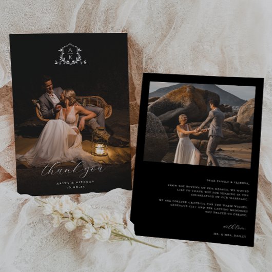 Timeless Vines Monogram Crest Wedding Photo Dankeskarte