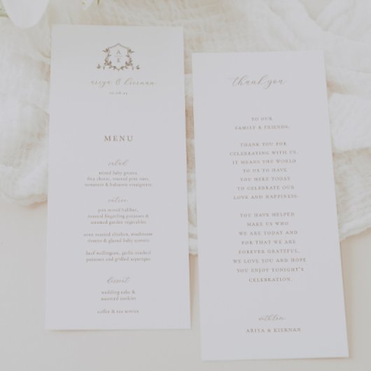 Timeless Vines Wedding Crest Menu and Thank You Menükarte